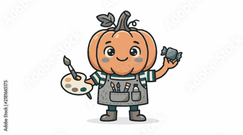 Clean of a Smiling Pumpkin Character Dressed as an Artist Holding a Paint Palette and Brushes with high quality professional line art symbols for modern creative design and digital branding projects