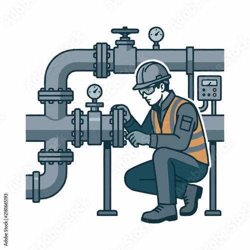 Clean of a Worker Adjusting Industrial Valves and Piping System with Safety Gear and Gauges with high quality professional line art symbols for modern creative design and digital branding projects