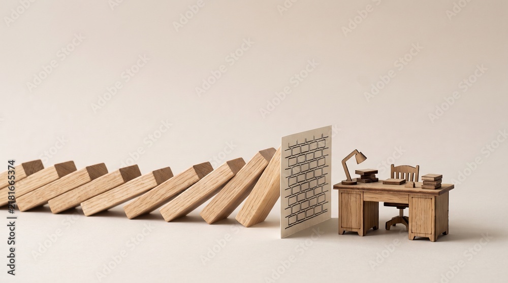 Obraz premium Domino Effect Stopped by Desk: Business Resilience, Risk Management Concept