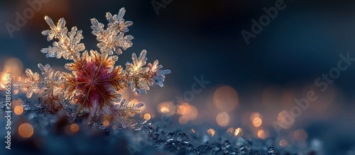 Frozen snowflake on dark background.