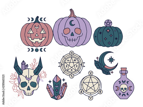 Foto Witchy Halloween Symbols Pumpkins Skull Moon Crystals Potions and Sigils