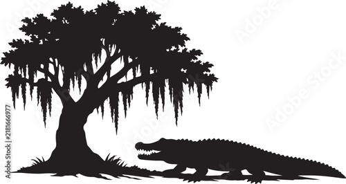 Alligator and spanish moss tree silhouette vector