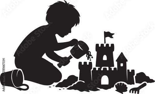  child playing with sandcastle toys black silhouette vector.