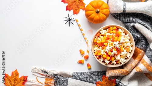 Colorful Halloween candy assortment in wooden bowl with orange decorative pumpkin, autumn maple leaves, spider decoration and gray linen cloth on white background for festive food photography flat lay