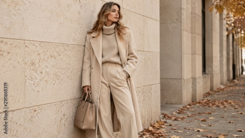 Elegant woman in monochrome beige outfit on autumn city street