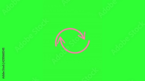 Animated pink circular repeat arrows rotating in a hand-drawn style on a bright green screen, created for chroma key compositing, refresh and reload concepts, repeat actions, looping content, transiti