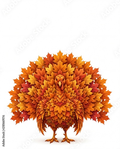 Creative Thanksgiving turkey made of colorful autumn leaves, isolated on white background, festive fall illustration for holiday cards, seasonal decor, harvest designs.