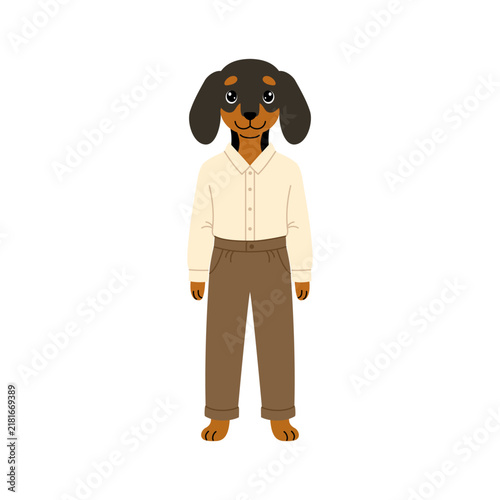 Vector anthropomorphic dachshund character wearing a beige shirt and brown pants on white background.