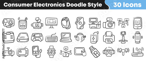 Hand drawn consumer electronics doodle icons set in black white