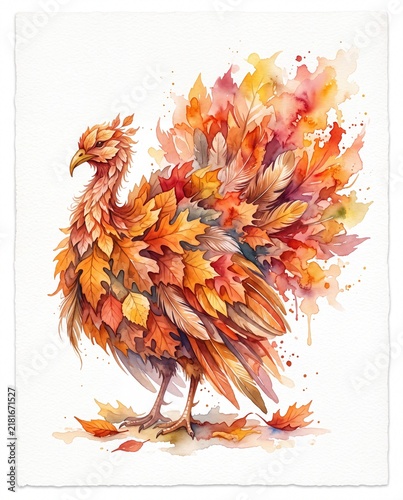 Watercolor autumn phoenix made of colorful leaves and feathers on white textured paper, ideal for fall decor, seasonal cards, harvest invitations and nature inspired designs.