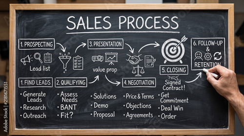 A blackboard with the SALES PROCESS diagram and steps drawn on it, including prospecting, lead generation, qualifying, presentation, negotiation, closing, and follow-up.