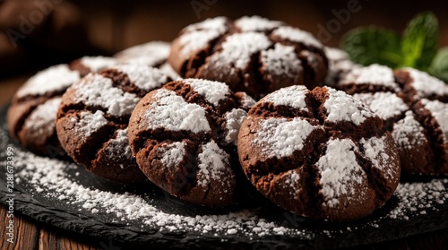 Chocolate crinkle cookies dusted with powdered sugar piled on dark slate. Rich cocoa baked goods look delightful and delicious, perfect for any sweet treat or holiday.
