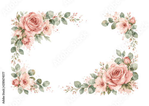 Elegant watercolor pink roses and green leaves floral border frame.