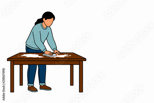 Woman Writing at Wooden Table Illustration.