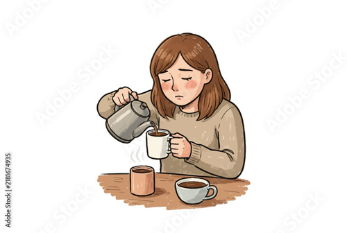 Woman Pouring Coffee into Mug at Table.