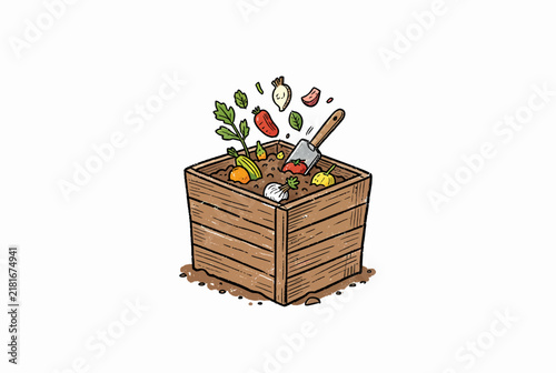 Wooden Compost Bin Filled With Organic Waste.