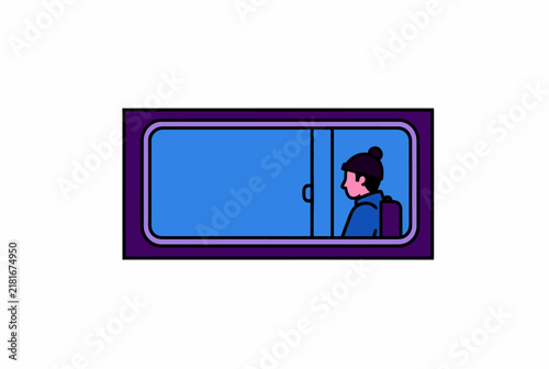 Woman Inside Train Carriage Window Illustration.
