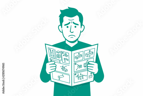 Worried Man Reading Newspaper Vector Illustration.
