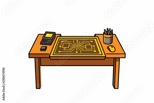 Wooden Office Desk Cartoon Illustration.