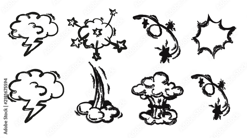 Obraz premium Set of hand drawn comic book explosion and blast effect illustrations featuring dynamic cartoon shapes for action scenes and graphic design elements