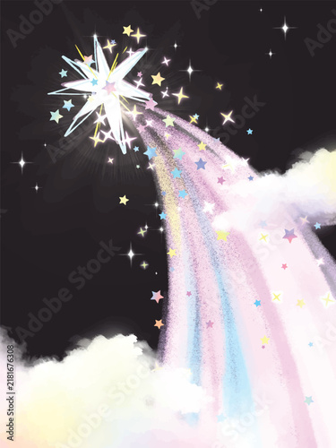 Hand Drawn Vector Magical Rainbow Comet Burst Shooting Through Clouds Night