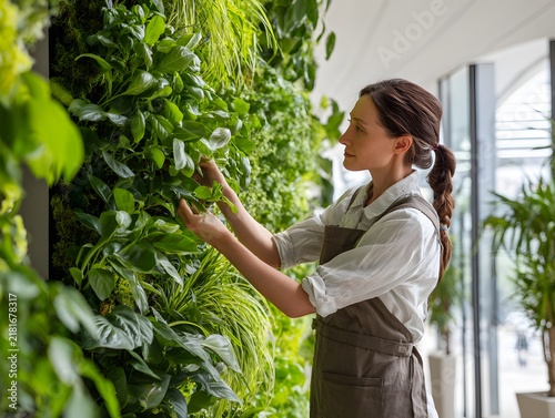 Woman tending to lush vertical garden, nurturing greenery in a brightly lit modern space.