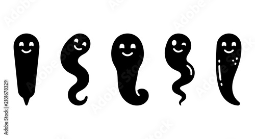 Photography Cute Black Ghost Icons, Spooky Halloween Vector Set, Whimsical Character Collect