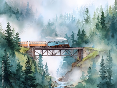 Watercolor train crosses a bridge amidst a misty forest, evoking a sense of journey.