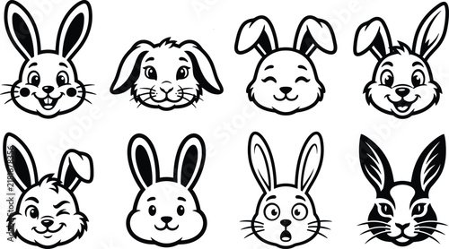 Set of eight cute cartoon rabbit faces with different expressions and ear positions isolated