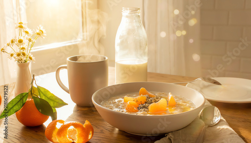 Cozy morning breakfast with healthy oatmeal, fresh tangerines, and a steaming drink, bathed in soft golden sunlight, creating a peaceful and nutritious start to the day