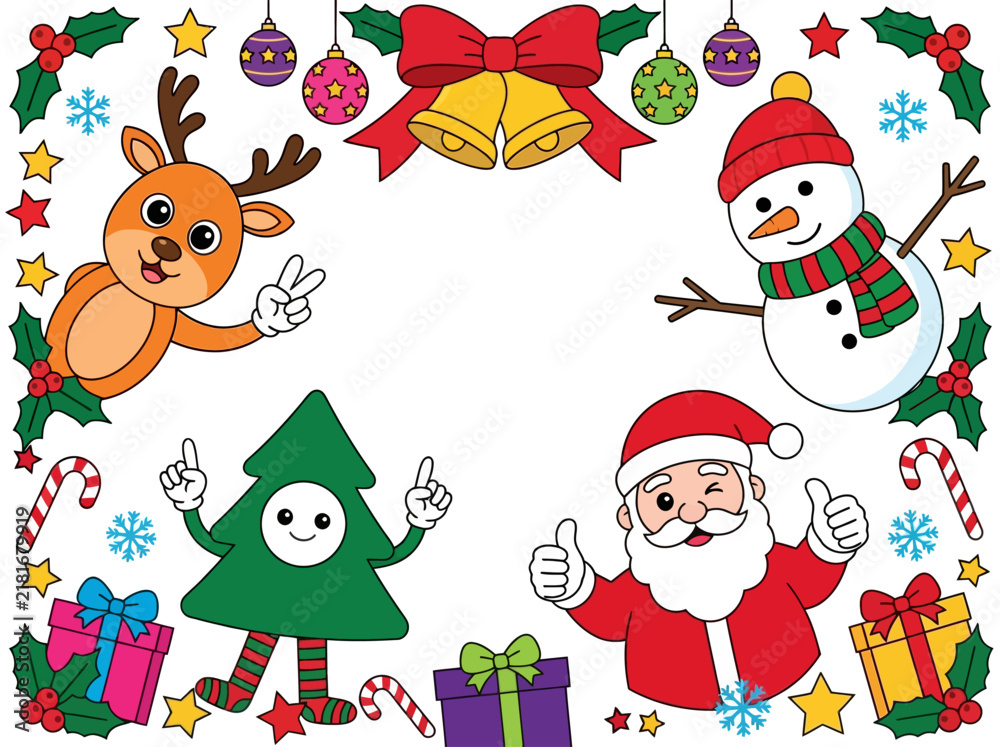 Fototapeta premium Christmas Frame with Cute Cartoon Santa, Snowman, Reindeer, and Tree. Festive Holiday Border with Bells, Gifts, and Ornaments on White Background.