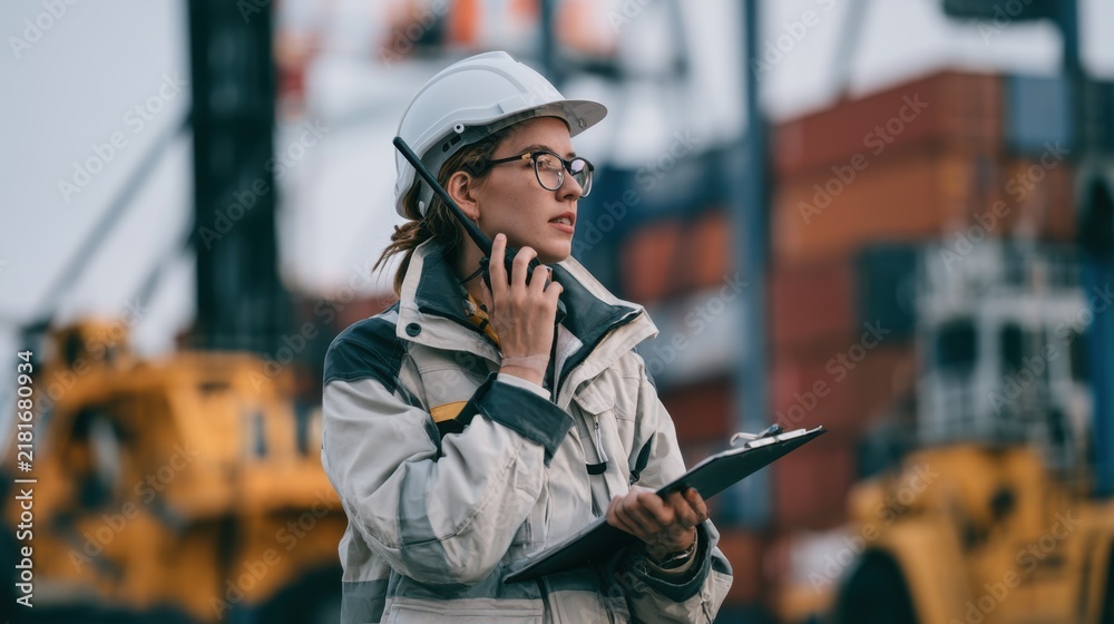Fototapeta premium Female engineer in white safety helmet using walkie talkie and clipboard while inspecting industrial site with heavy machinery background