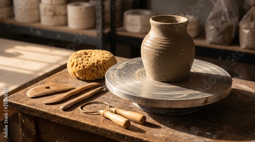 Ceramic Pottery Wheel with Wet Clay Vessel and Traditional Wooden Tools in Artisan Craft Studio for Handmade Stoneware Workshop Creative Slow Living Leisure Activity and Pottery Masterclass Banner