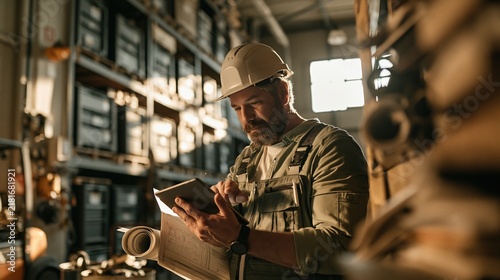 Warehouse manager in hard hat using a digital tablet among industrial storage shelves.