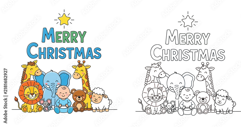 Fototapeta premium Merry Christmas cute animals and baby with star coloring page and colored cartoon vector illustration for kids holiday greeting