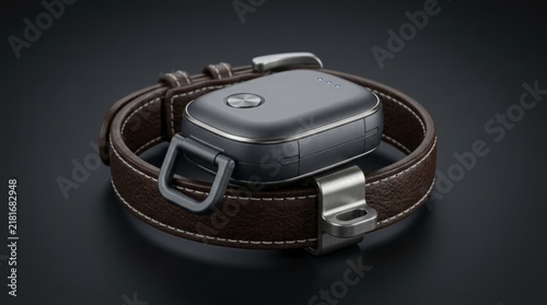 Smart GPS tracker device for pets attached to a brown leather collar resting on a dark reflective studio background.