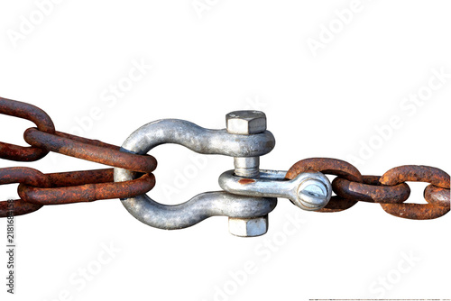 Quadro su tela Rusty chain links connecting with a strong metal shackle on transparent backgrou