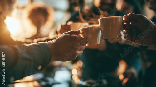 Coffee cups are toasted together by a group of friends during a cozy coffee break.