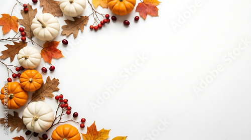 Assorted white and orange pumpkins with autumn leaves and red berries on a white background fall harvest seasonal vegetables thanksgiving