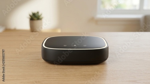 Smart home hub device with a sleek matte black finish and glowing white LED light strip resting on a warm wooden tabletop inside a bright room.