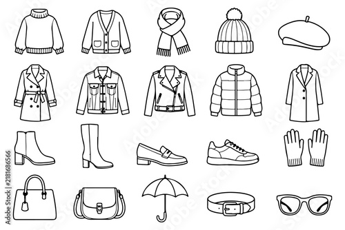 Fashion Accessories and Winter Clothing Icon Set – Black and White Line Art of Coats, Boots, Hats, Bags, and Gloves