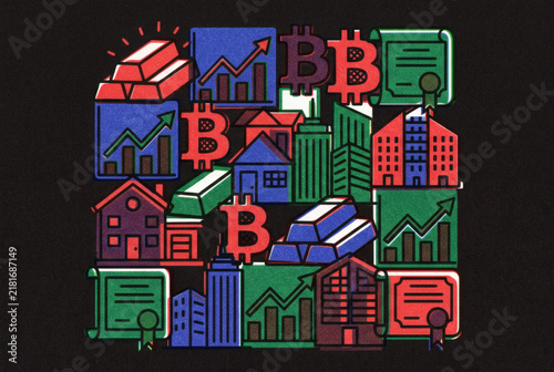 Colorful Graphic Grid Illustration Depicting Various Investment Assets Including Gold Bars Stock Market Charts Real Estate Bitcoin Symbols And Financial Certificates Against A Black Background