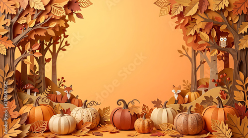 Autumn forest paper craft background with pumpkins and leaves framing copy space background seasonal thanksgiving decoration template