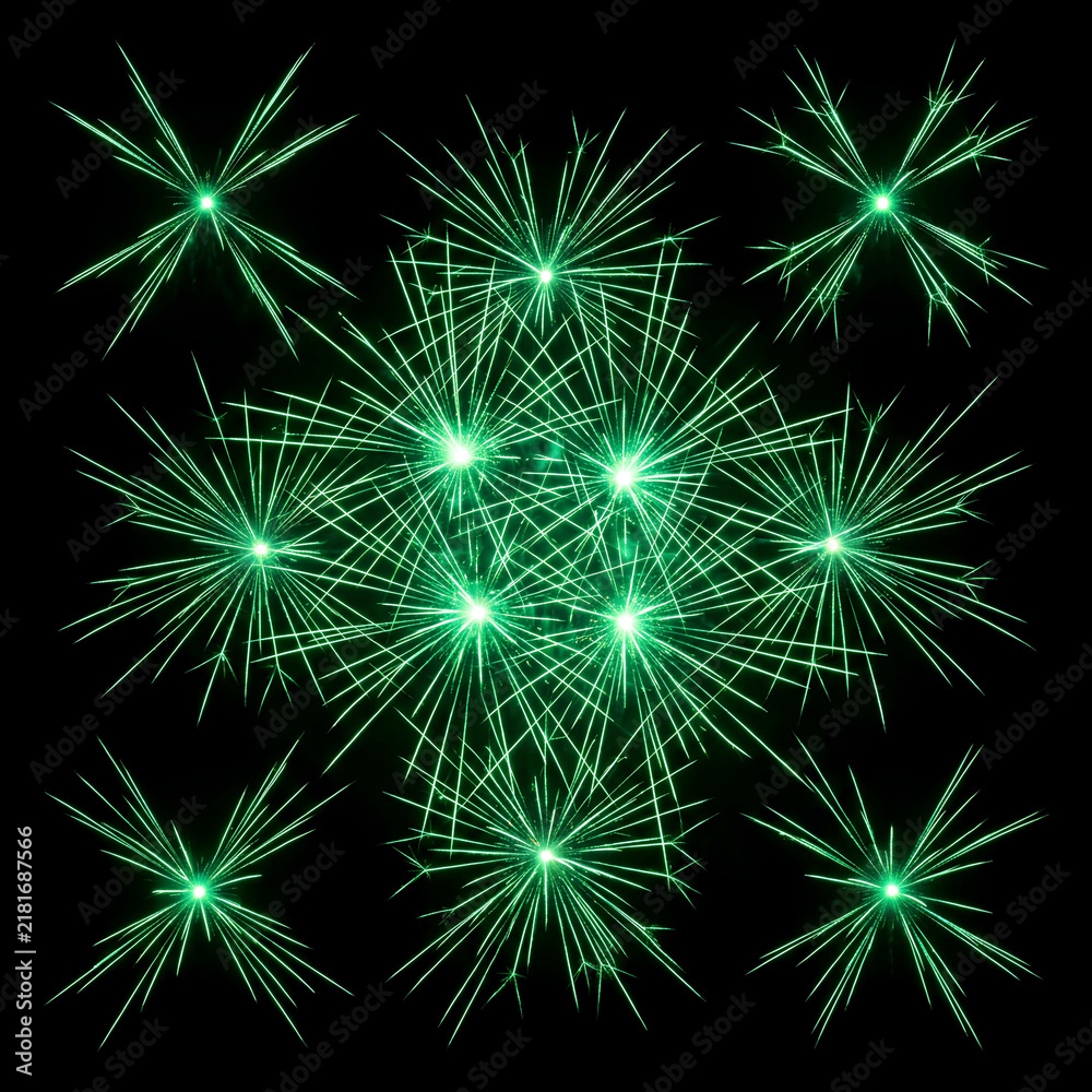 Fototapeta premium Green Fireworks Bursting in Night Sky Festive Celebration Display