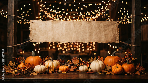 Rustic autumn table setting with pumpkins and blank paper banner under string lights still life pumpkins thanksgiving decoration celebration
