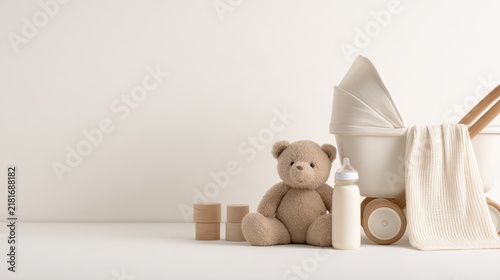 A minimalist nursery scene featuring a soft teddy bear, a bottle, and a stylish baby carriage