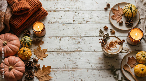 Cozy autumn table setting with pumpkins candles and a warm drink on a rustic white wooden background fall decor lit candles hot drink cozy home