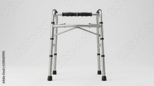 Medical walker made of polished silver metal tubes features textured black rubber handgrips and stands isolated against a bright white background.