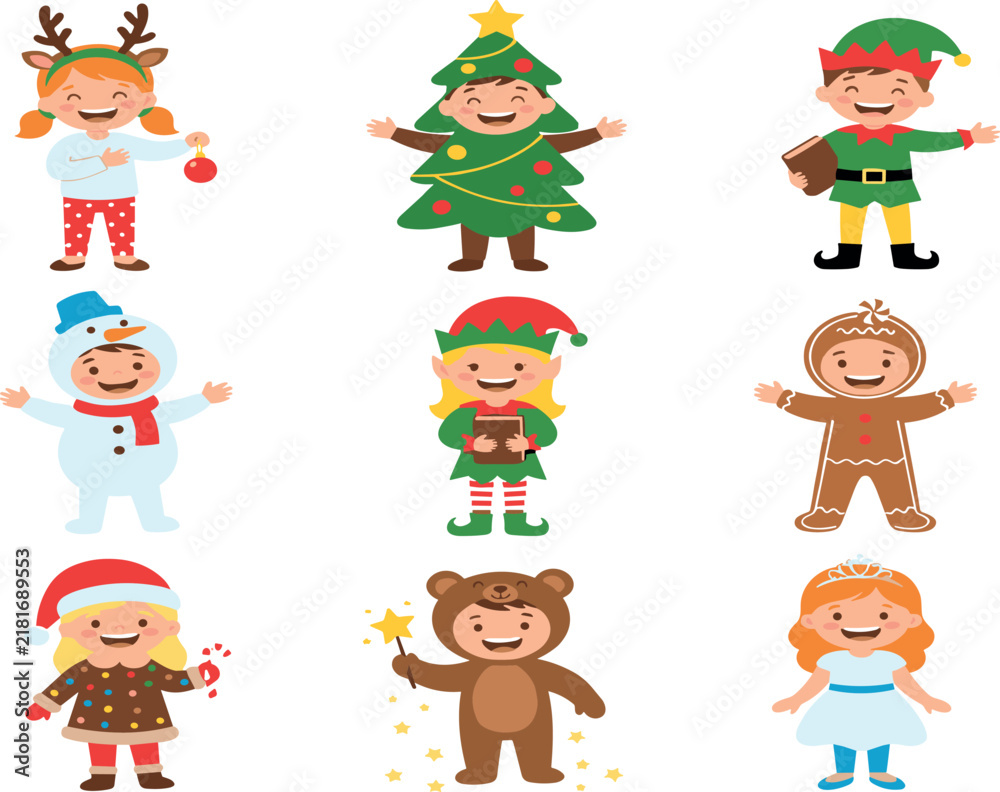 Naklejka premium Christmas Kids Costume Vector Set with Children Dressed as Reindeer, Elf, Snowman, Gingerbread and Bear Illustration