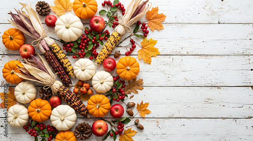Fall harvest arrangement of small pumpkins apples and dried corn on a white rustic wooden table with thanksgiving background